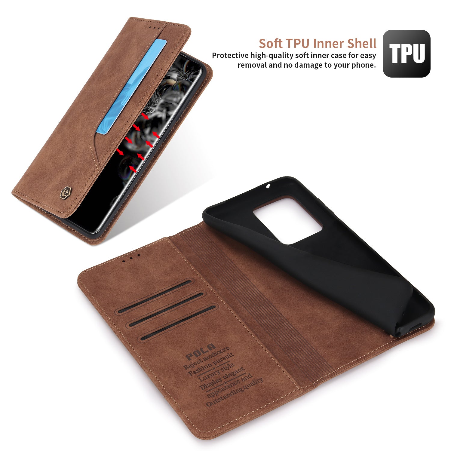 POLA 008 Series Retro Style PU Leather + TPU Folio Flip Shockproof Phone Cover with Stand Wallet for Samsung Galaxy S20 Ultra - Brown