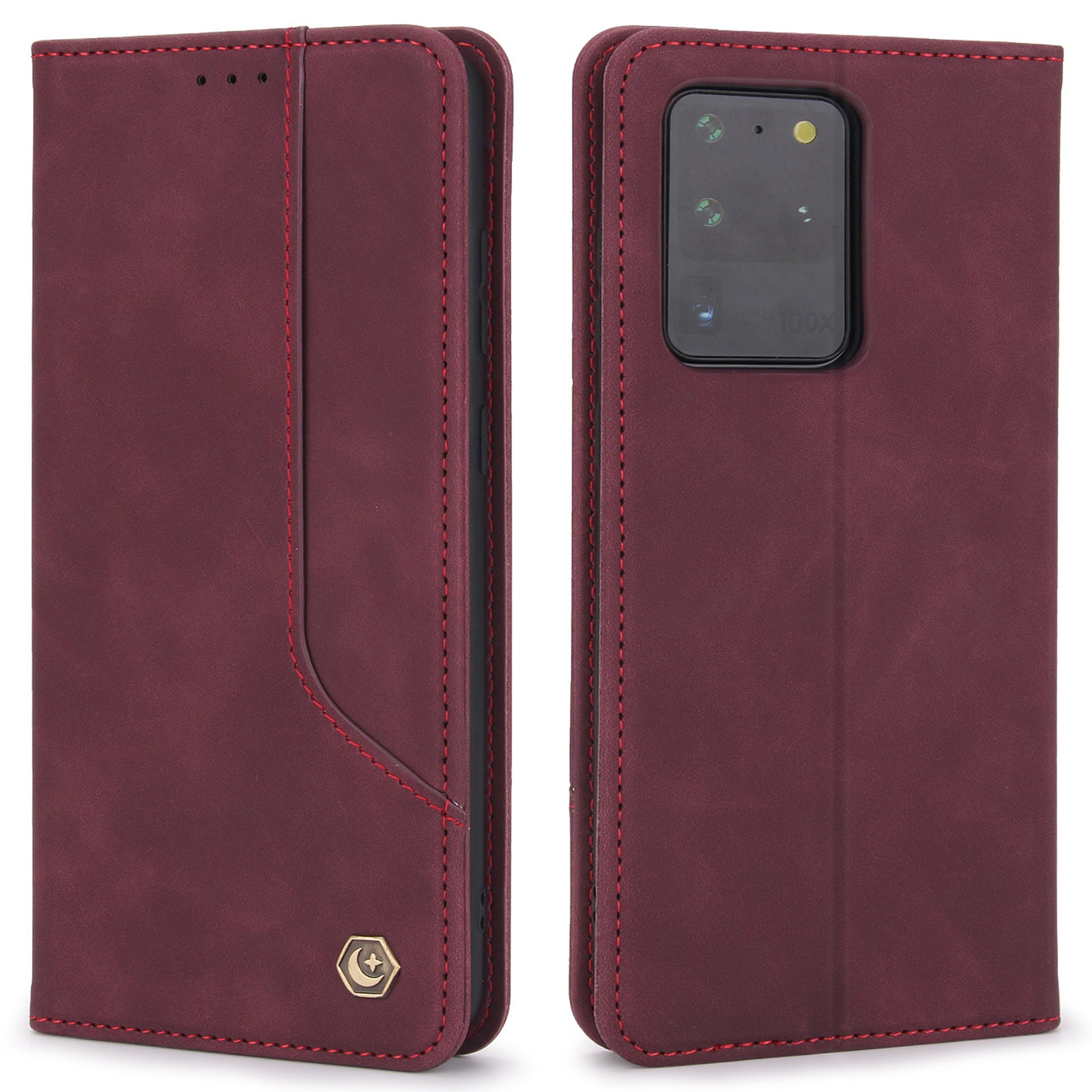 POLA 008 Series Retro Style PU Leather + TPU Folio Flip Shockproof Phone Cover with Stand Wallet for Samsung Galaxy S20 Ultra - Wine Red