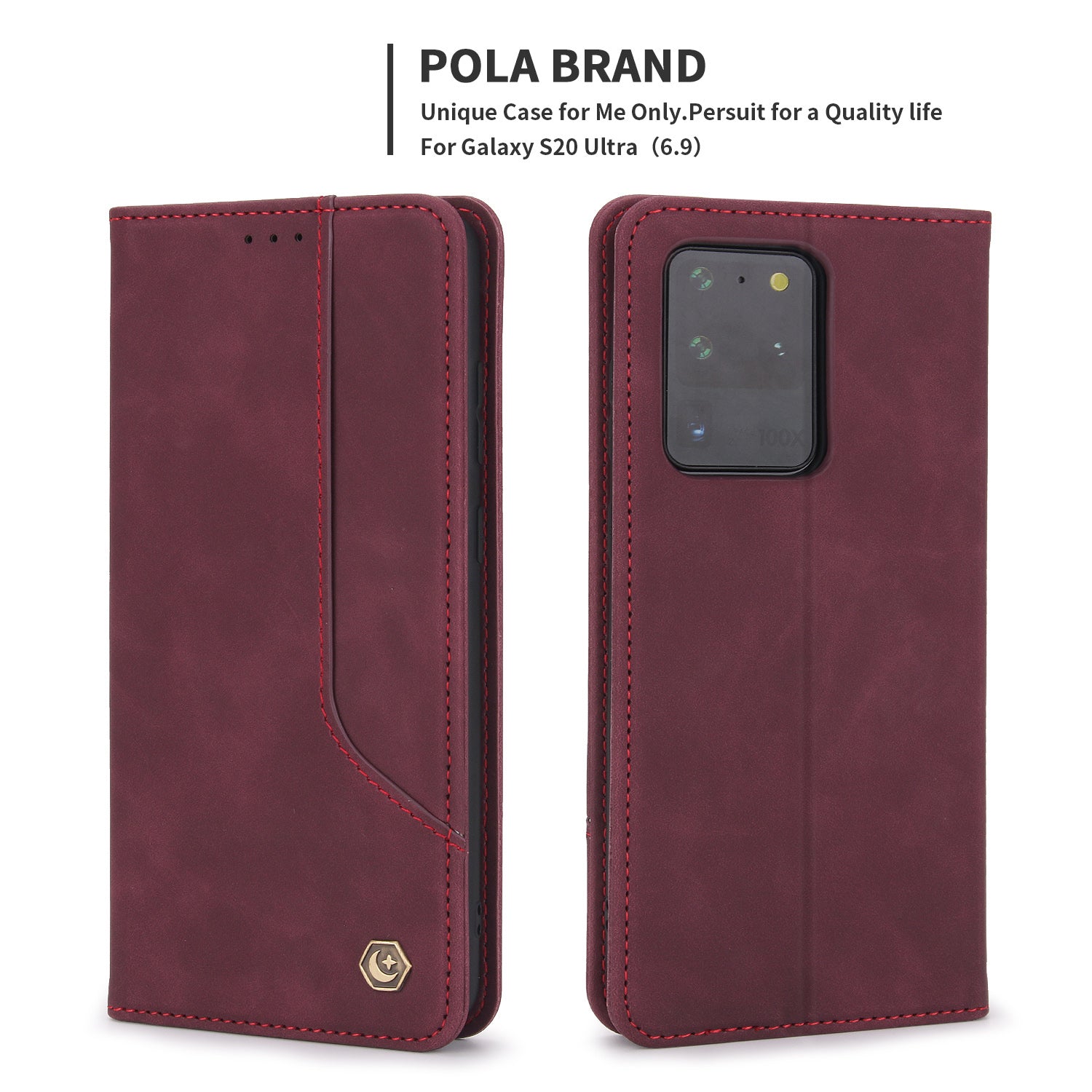 POLA 008 Series Retro Style PU Leather + TPU Folio Flip Shockproof Phone Cover with Stand Wallet for Samsung Galaxy S20 Ultra - Wine Red