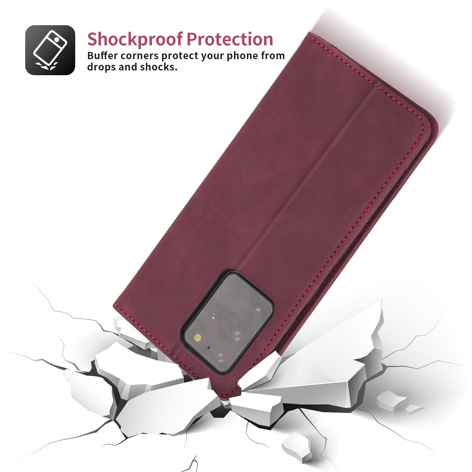 POLA 008 Series Retro Style PU Leather + TPU Folio Flip Shockproof Phone Cover with Stand Wallet for Samsung Galaxy S20 Ultra - Wine Red