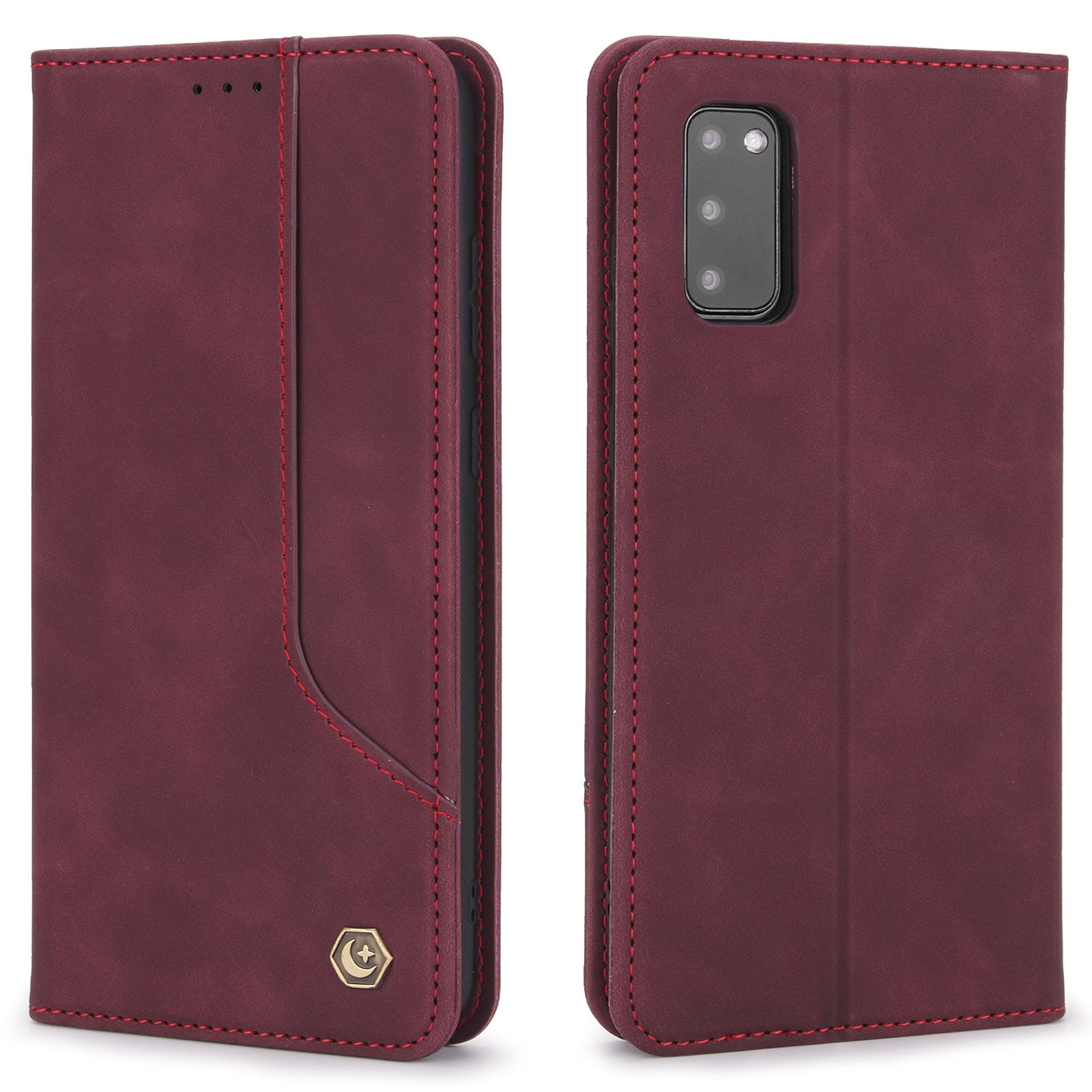 POLA 008 Series Magnetic Auto-aborbed Well-protected PU Leather Wallet Stand Phone Case Cover for Samsung Galaxy S20 FE 2022/S20 FE/S20 FE 5G/S20 Lite - Wine Red