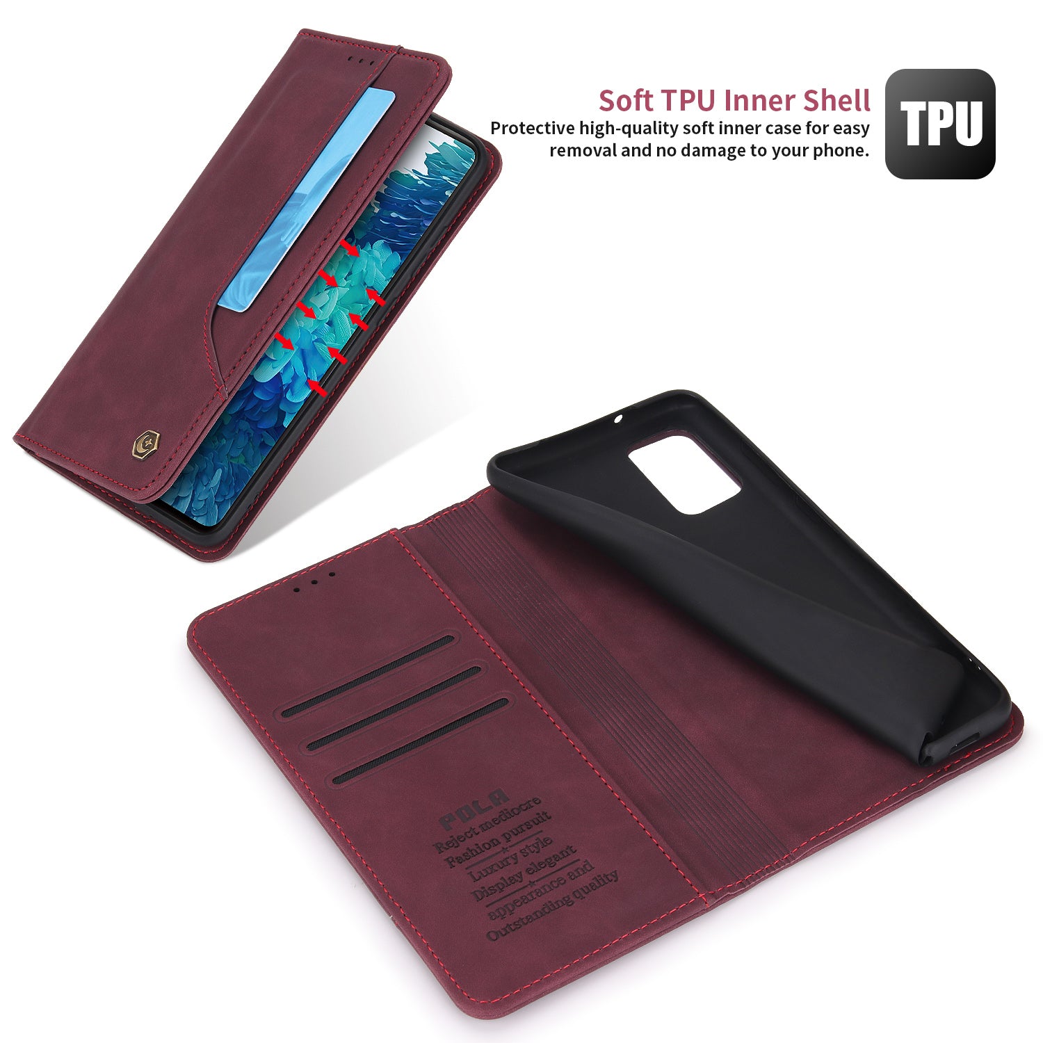 POLA 008 Series Magnetic Auto-aborbed Well-protected PU Leather Wallet Stand Phone Case Cover for Samsung Galaxy S20 FE 2022/S20 FE/S20 FE 5G/S20 Lite - Wine Red