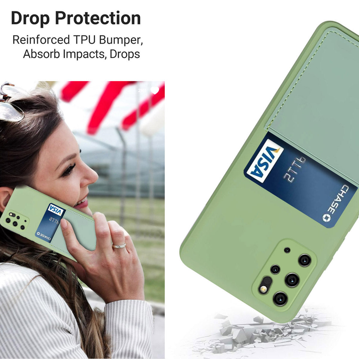 Scratch-resistant Liquid Silicone Case Card Slot Design Mobile Phone Shell for Samsung Galaxy S20 Plus 4G/5G - Matcha Green