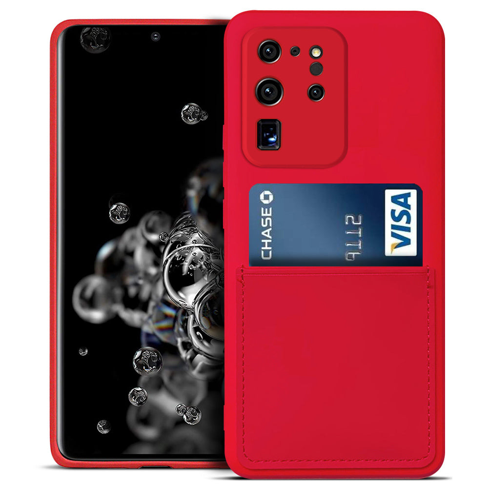 Anti-drop Liquid Silicone Shockproof Card Slot Design Cell Phone Shell for Samsung Galaxy S20 Ultra - Red