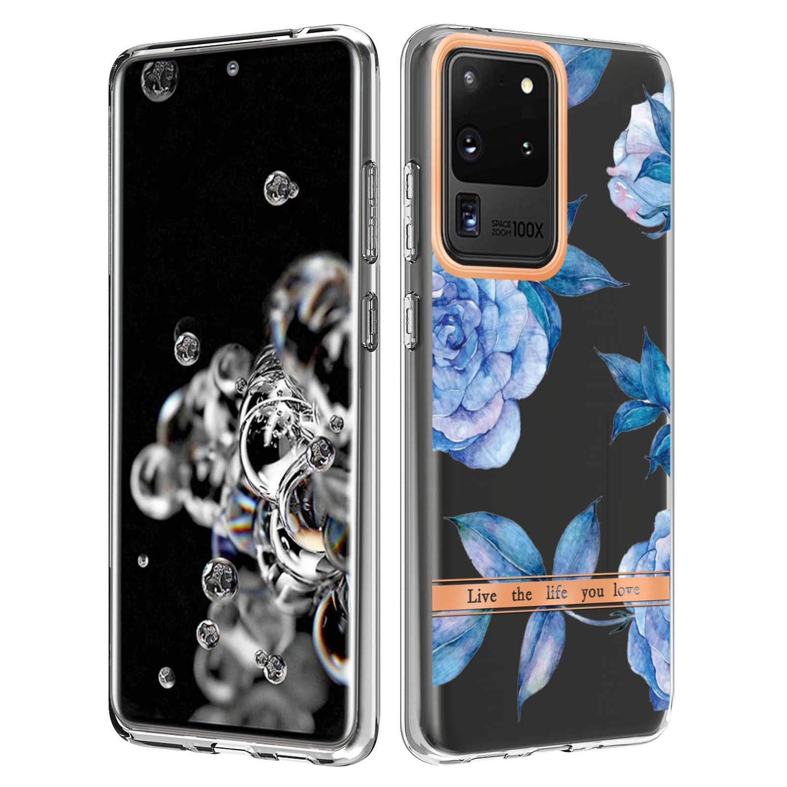 LB5 Series Electroplating TPU Case for Samsung Galaxy S20 Ultra Flower Pattern Phone Cover with IMD IML Workmanship - HC003 Blue Peony