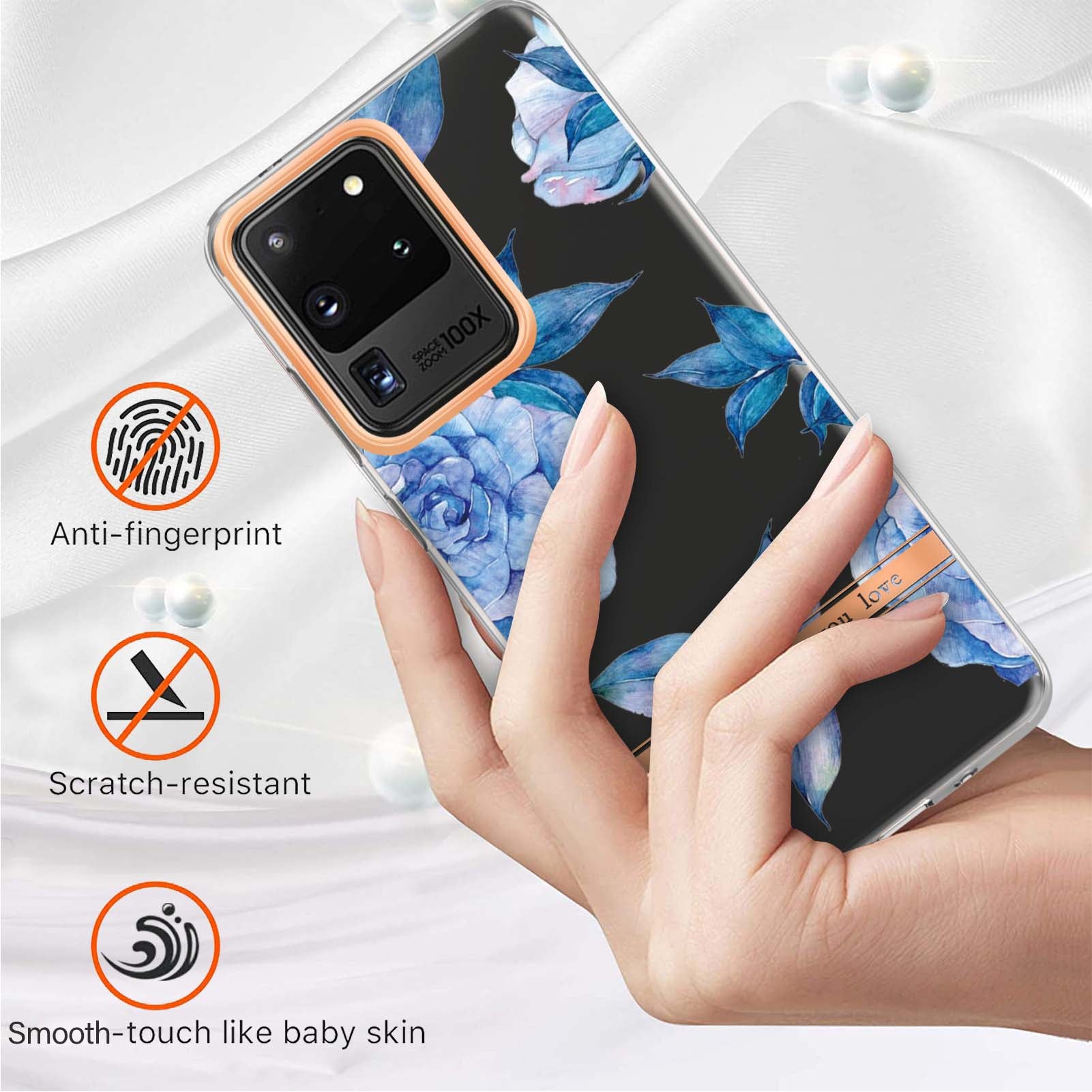 LB5 Series Electroplating TPU Case for Samsung Galaxy S20 Ultra Flower Pattern Phone Cover with IMD IML Workmanship - HC003 Blue Peony