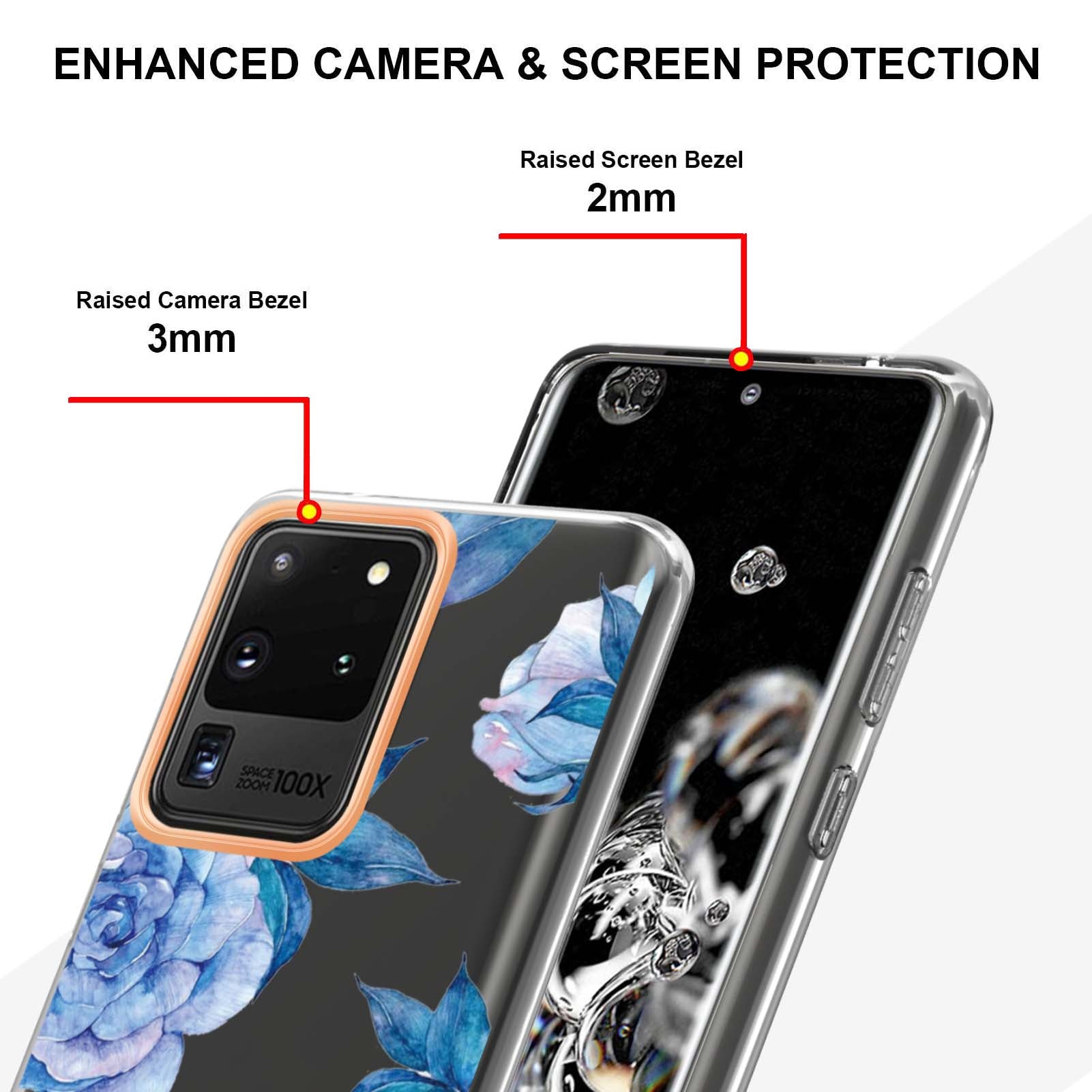 LB5 Series Electroplating TPU Case for Samsung Galaxy S20 Ultra Flower Pattern Phone Cover with IMD IML Workmanship - HC003 Blue Peony