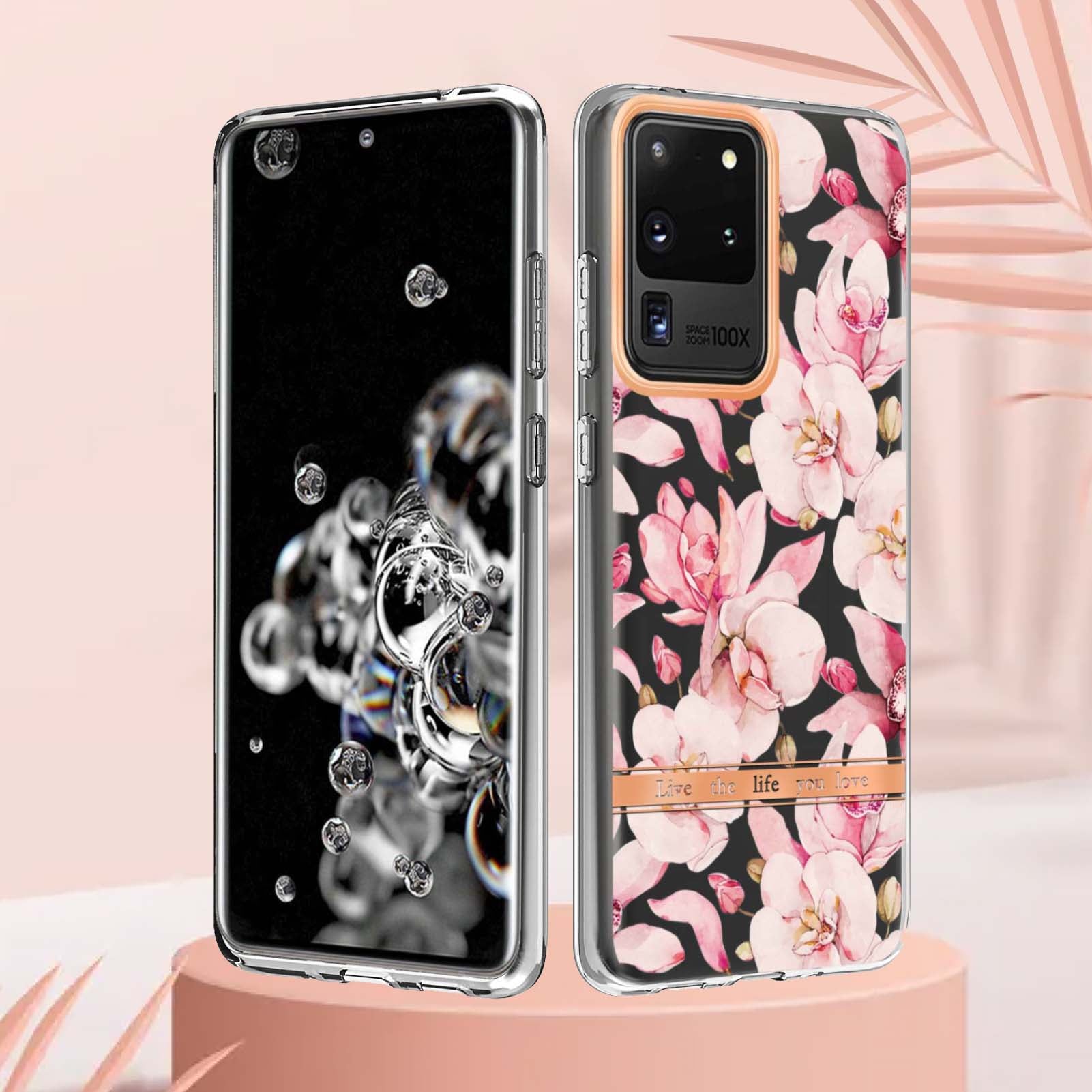 LB5 Series Electroplating TPU Case for Samsung Galaxy S20 Ultra Flower Pattern Phone Cover with IMD IML Workmanship - HC005 Pink Gardenia