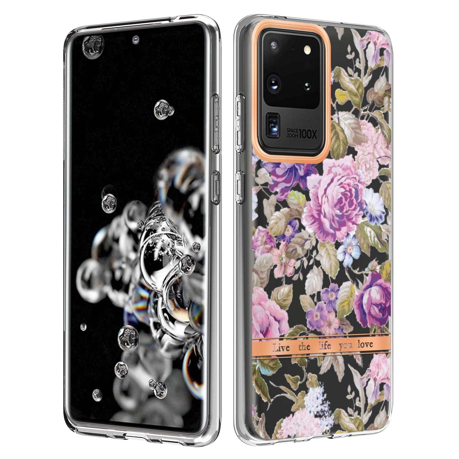 LB5 Series Electroplating TPU Case for Samsung Galaxy S20 Ultra Flower Pattern Phone Cover with IMD IML Workmanship - HC006 Purple Peony