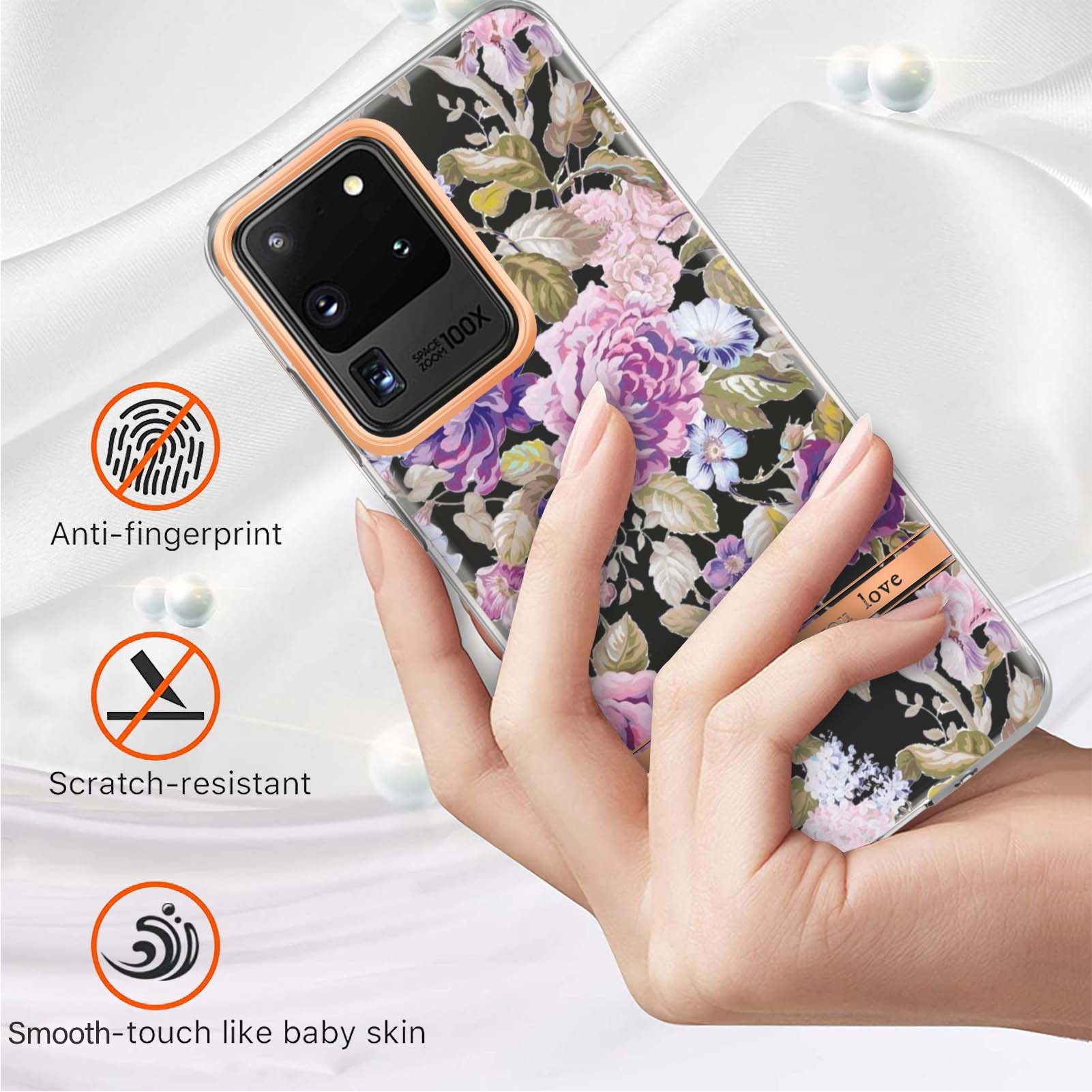 LB5 Series Electroplating TPU Case for Samsung Galaxy S20 Ultra Flower Pattern Phone Cover with IMD IML Workmanship - HC006 Purple Peony