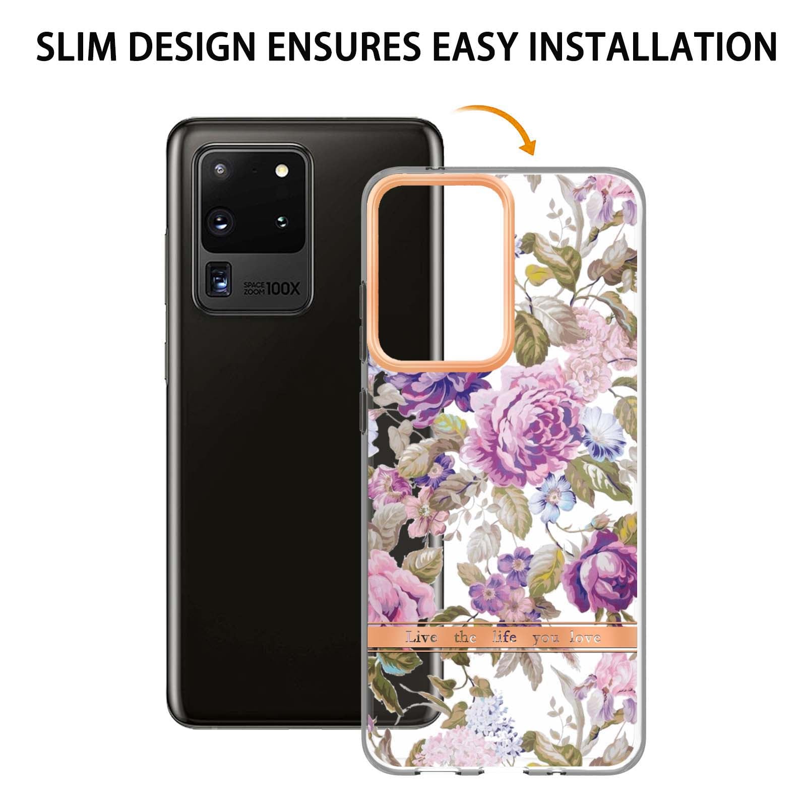 LB5 Series Electroplating TPU Case for Samsung Galaxy S20 Ultra Flower Pattern Phone Cover with IMD IML Workmanship - HC006 Purple Peony