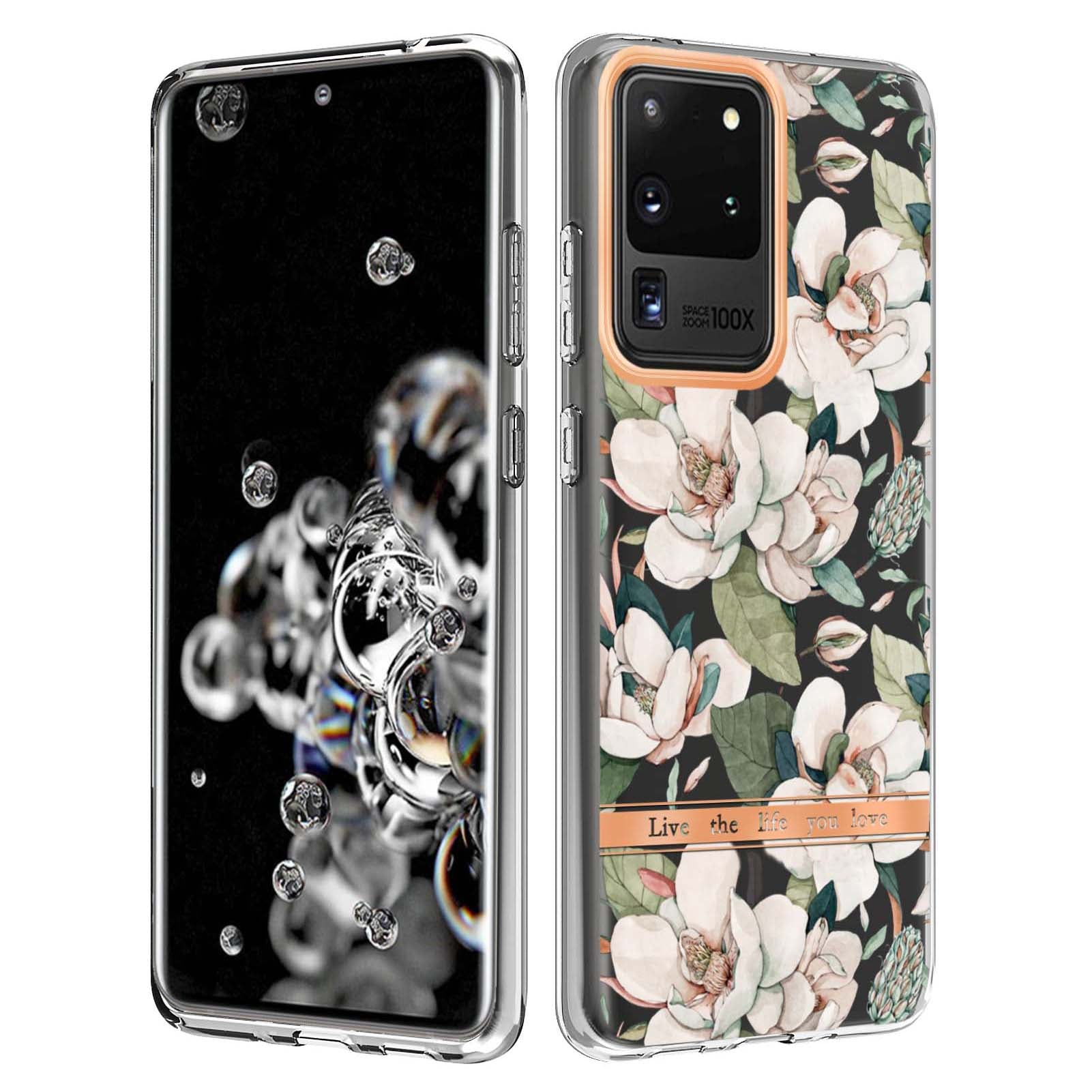 LB5 Series Electroplating TPU Case for Samsung Galaxy S20 Ultra Flower Pattern Phone Cover with IMD IML Workmanship - HC001 Green Gardenia