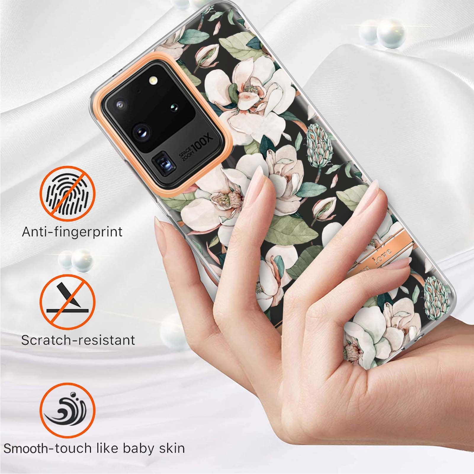 LB5 Series Electroplating TPU Case for Samsung Galaxy S20 Ultra Flower Pattern Phone Cover with IMD IML Workmanship - HC001 Green Gardenia