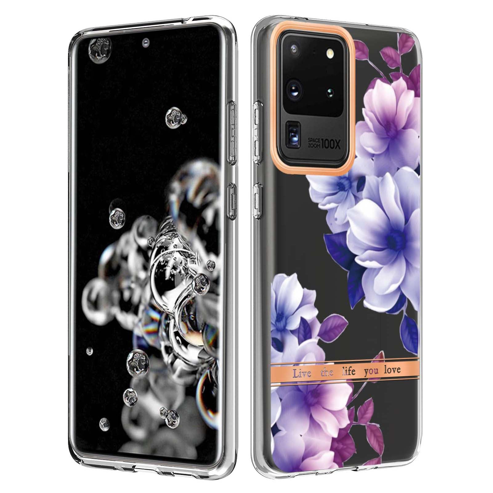 LB5 Series Electroplating TPU Case for Samsung Galaxy S20 Ultra Flower Pattern Phone Cover with IMD IML Workmanship - HC004 Purple Begonia