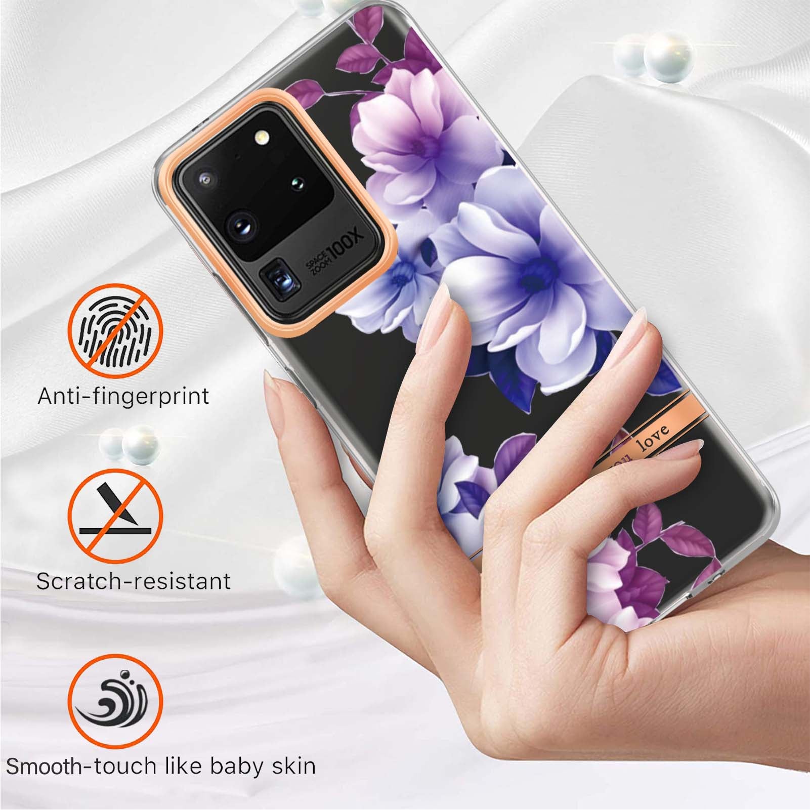 LB5 Series Electroplating TPU Case for Samsung Galaxy S20 Ultra Flower Pattern Phone Cover with IMD IML Workmanship - HC004 Purple Begonia