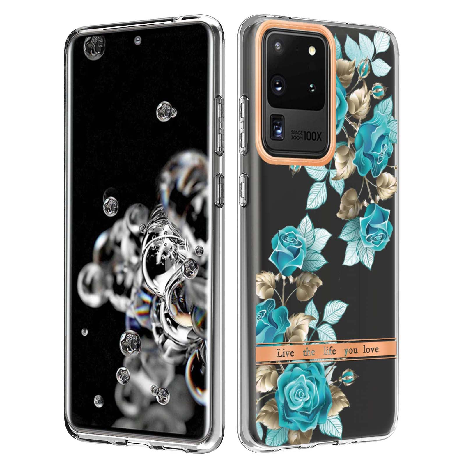 LB5 Series Electroplating TPU Case for Samsung Galaxy S20 Ultra Flower Pattern Phone Cover with IMD IML Workmanship - HC002 Blue Rose