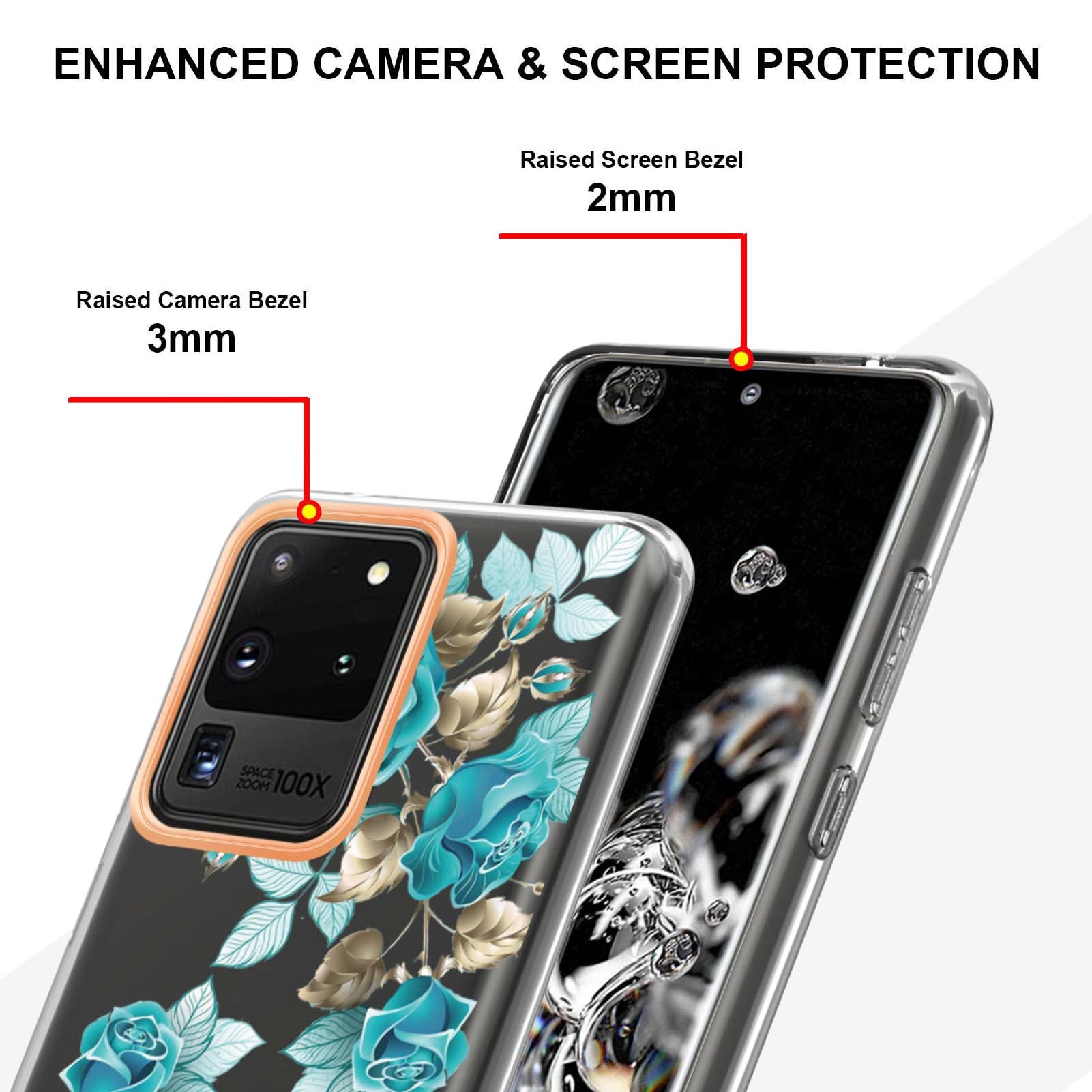 LB5 Series Electroplating TPU Case for Samsung Galaxy S20 Ultra Flower Pattern Phone Cover with IMD IML Workmanship - HC002 Blue Rose