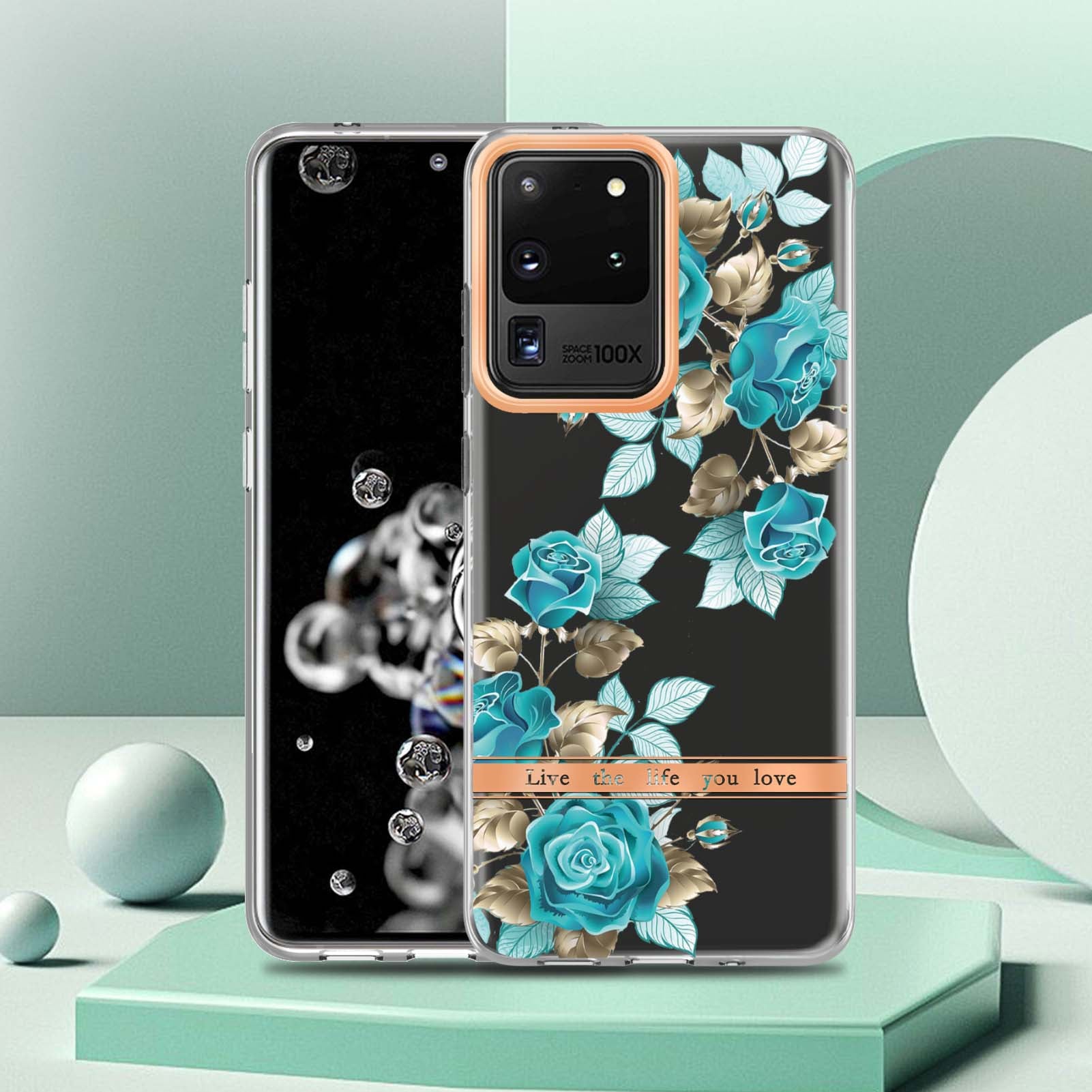 LB5 Series Electroplating TPU Case for Samsung Galaxy S20 Ultra Flower Pattern Phone Cover with IMD IML Workmanship - HC002 Blue Rose