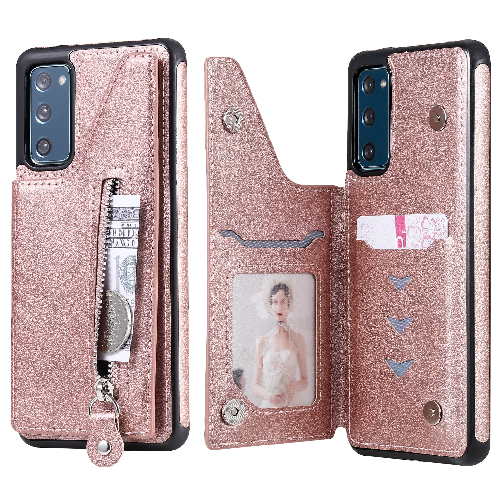 For Samsung Galaxy S20 FE 2022/S20 FE/S20 FE 5G/S20 Lite KT Leather Coated Series-2 Zipper Pocket Design PU Leather Coated Kickstand Phone Case - Rose Gold