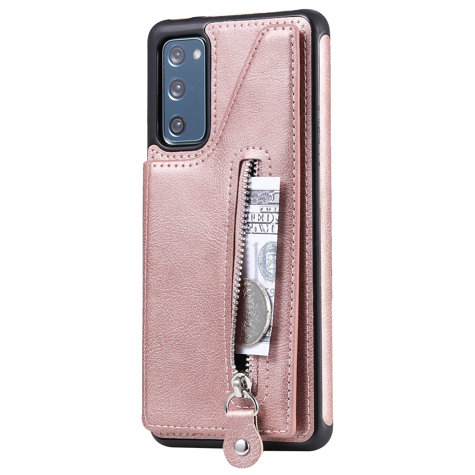 For Samsung Galaxy S20 FE 2022/S20 FE/S20 FE 5G/S20 Lite KT Leather Coated Series-2 Zipper Pocket Design PU Leather Coated Kickstand Phone Case - Rose Gold