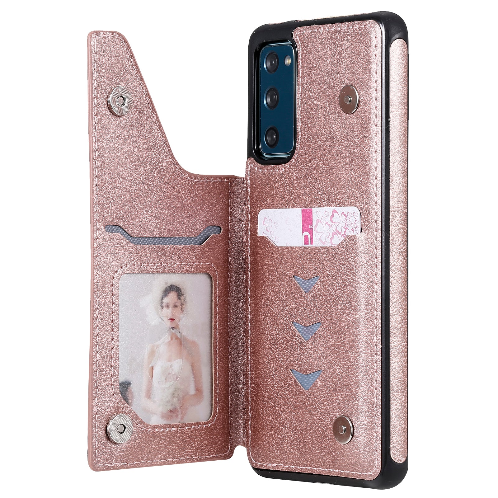 For Samsung Galaxy S20 FE 2022/S20 FE/S20 FE 5G/S20 Lite KT Leather Coated Series-2 Zipper Pocket Design PU Leather Coated Kickstand Phone Case - Rose Gold