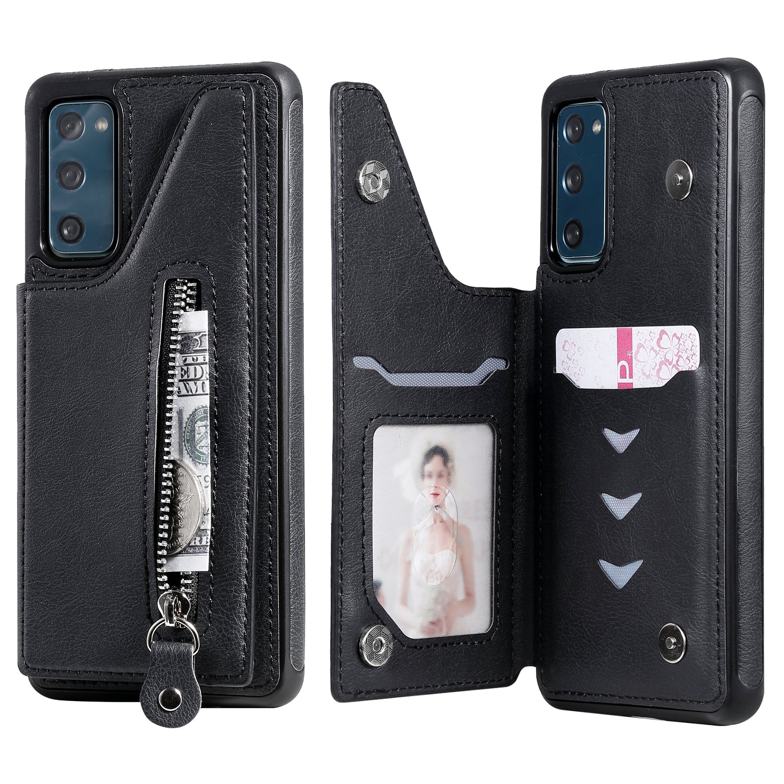 For Samsung Galaxy S20 FE 2022/S20 FE/S20 FE 5G/S20 Lite KT Leather Coated Series-2 Zipper Pocket Design PU Leather Coated Kickstand Phone Case - Black