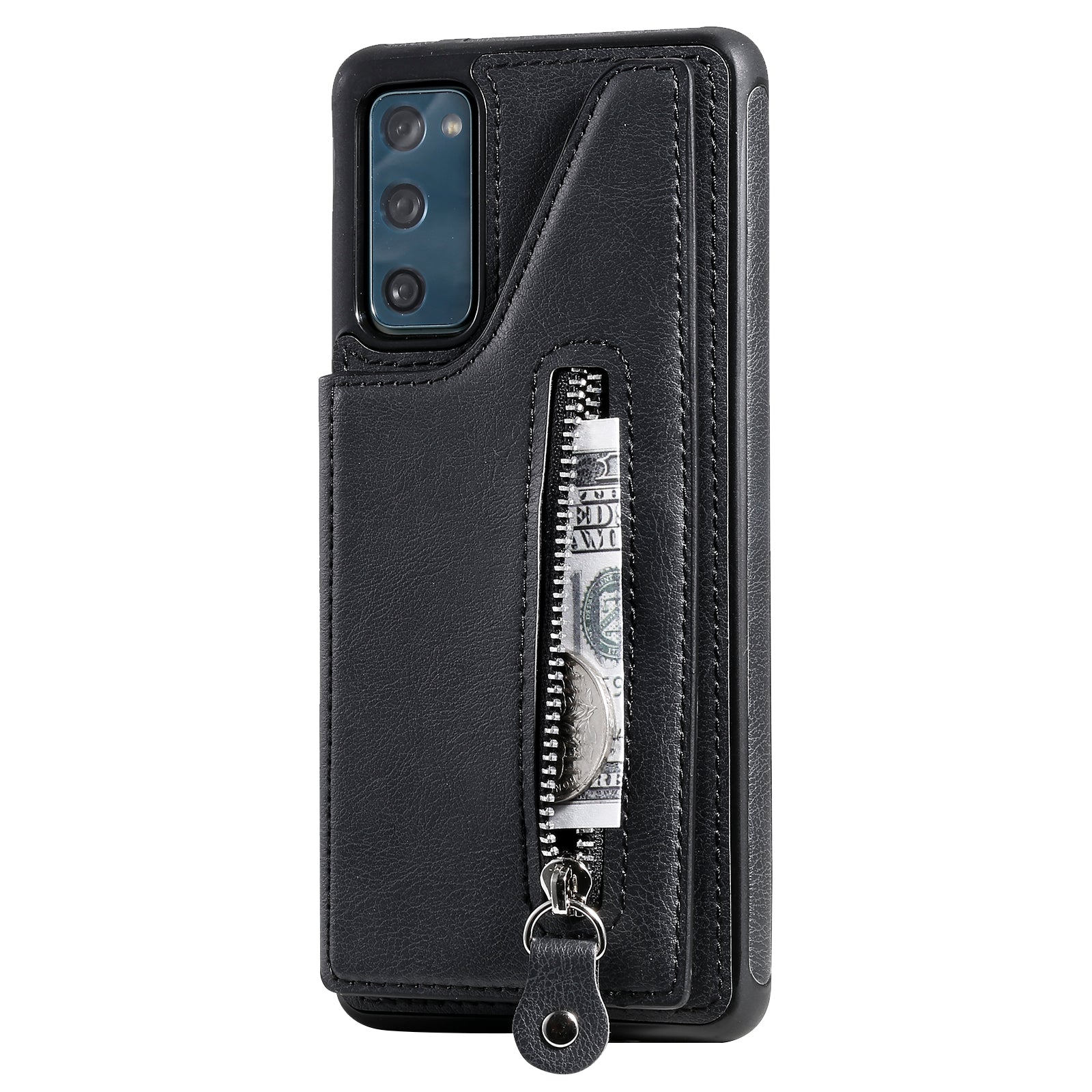 For Samsung Galaxy S20 FE 2022/S20 FE/S20 FE 5G/S20 Lite KT Leather Coated Series-2 Zipper Pocket Design PU Leather Coated Kickstand Phone Case - Black