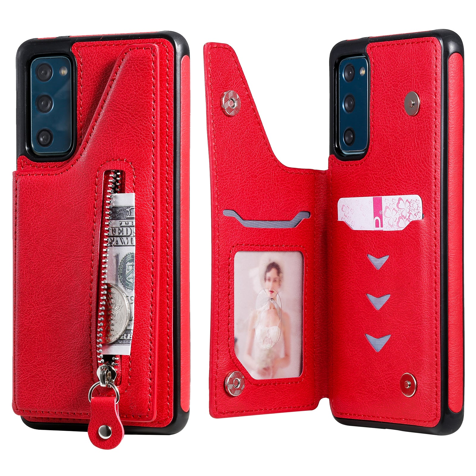 For Samsung Galaxy S20 FE 2022/S20 FE/S20 FE 5G/S20 Lite KT Leather Coated Series-2 Zipper Pocket Design PU Leather Coated Kickstand Phone Case - Red