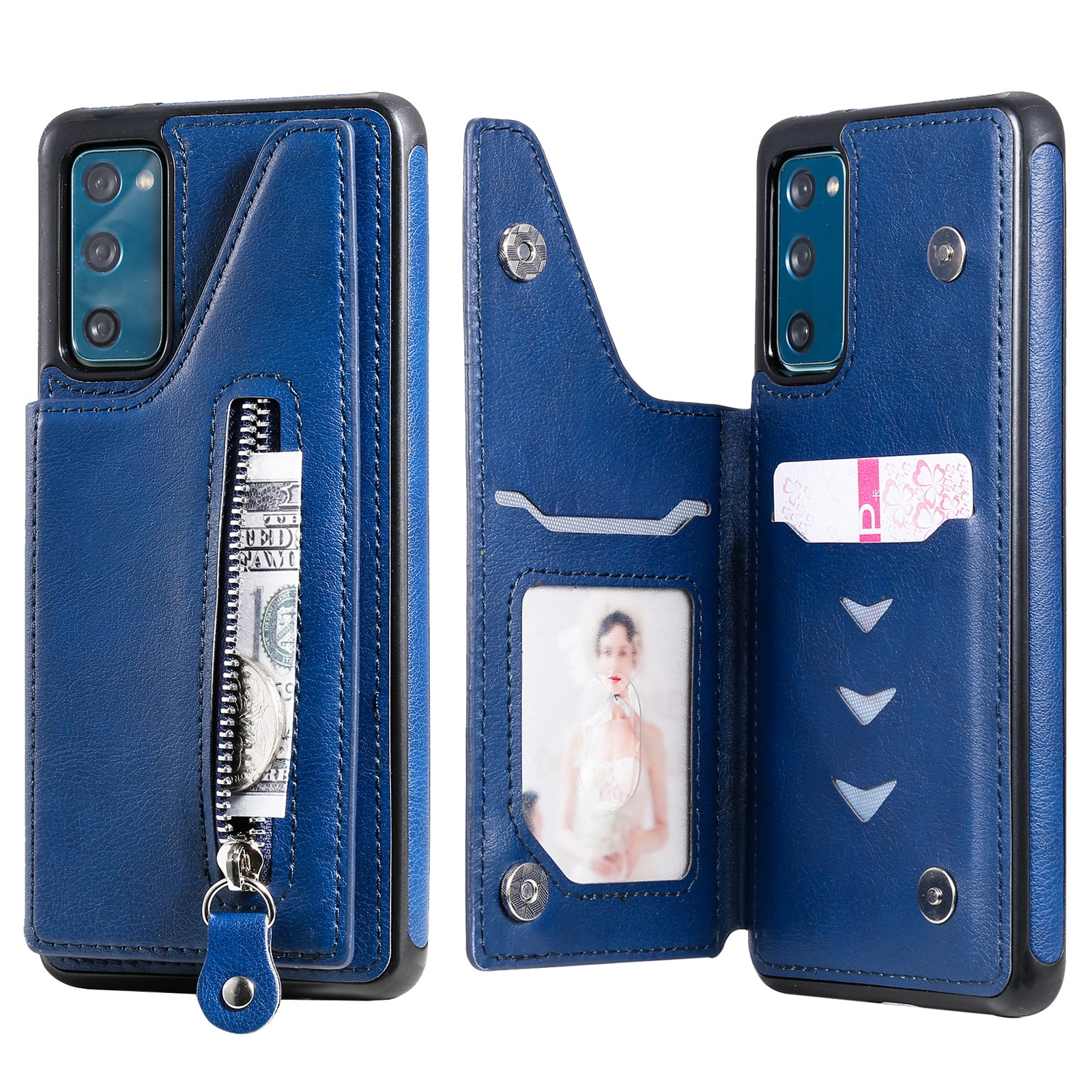 For Samsung Galaxy S20 FE 2022/S20 FE/S20 FE 5G/S20 Lite KT Leather Coated Series-2 Zipper Pocket Design PU Leather Coated Kickstand Phone Case - Blue