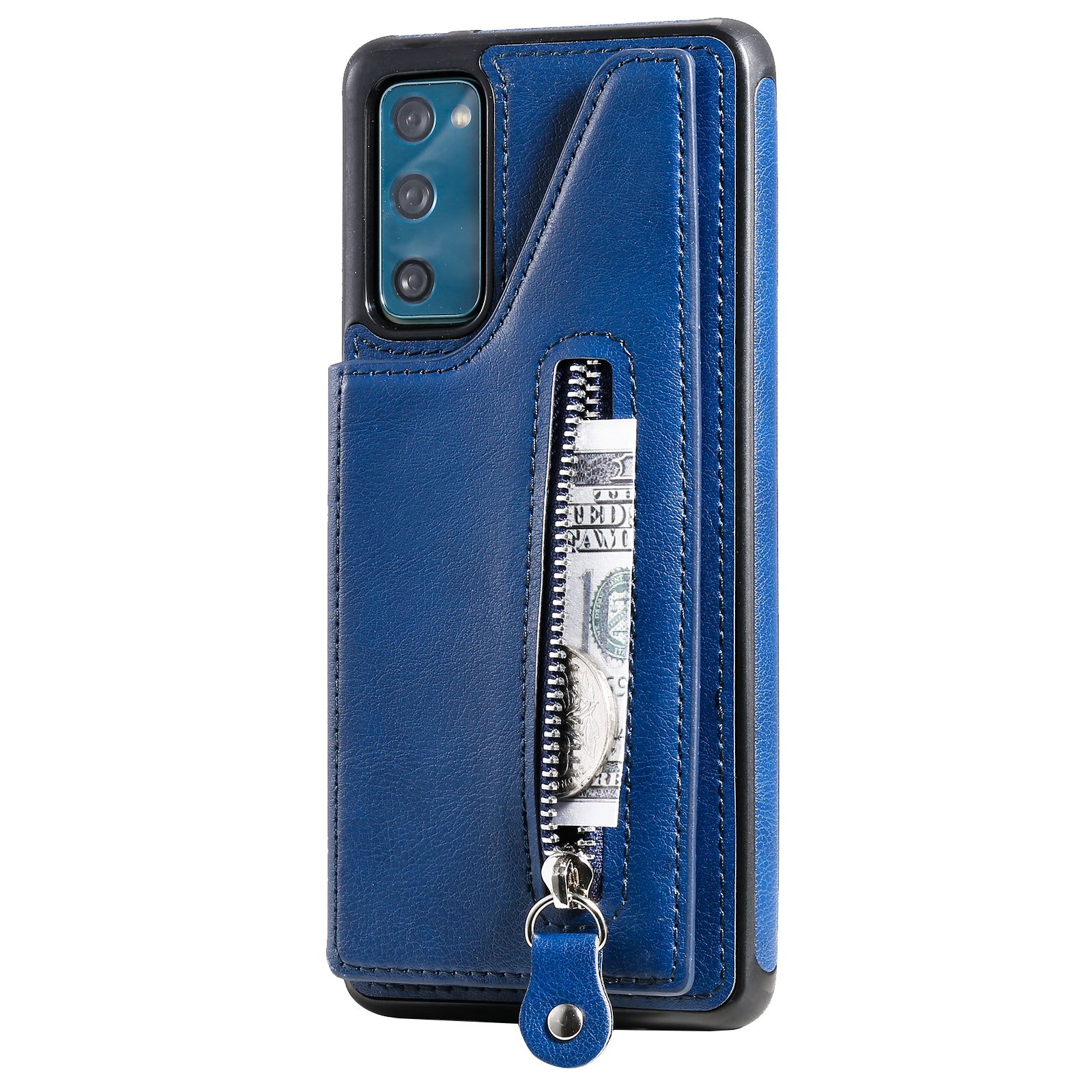 For Samsung Galaxy S20 FE 2022/S20 FE/S20 FE 5G/S20 Lite KT Leather Coated Series-2 Zipper Pocket Design PU Leather Coated Kickstand Phone Case - Blue