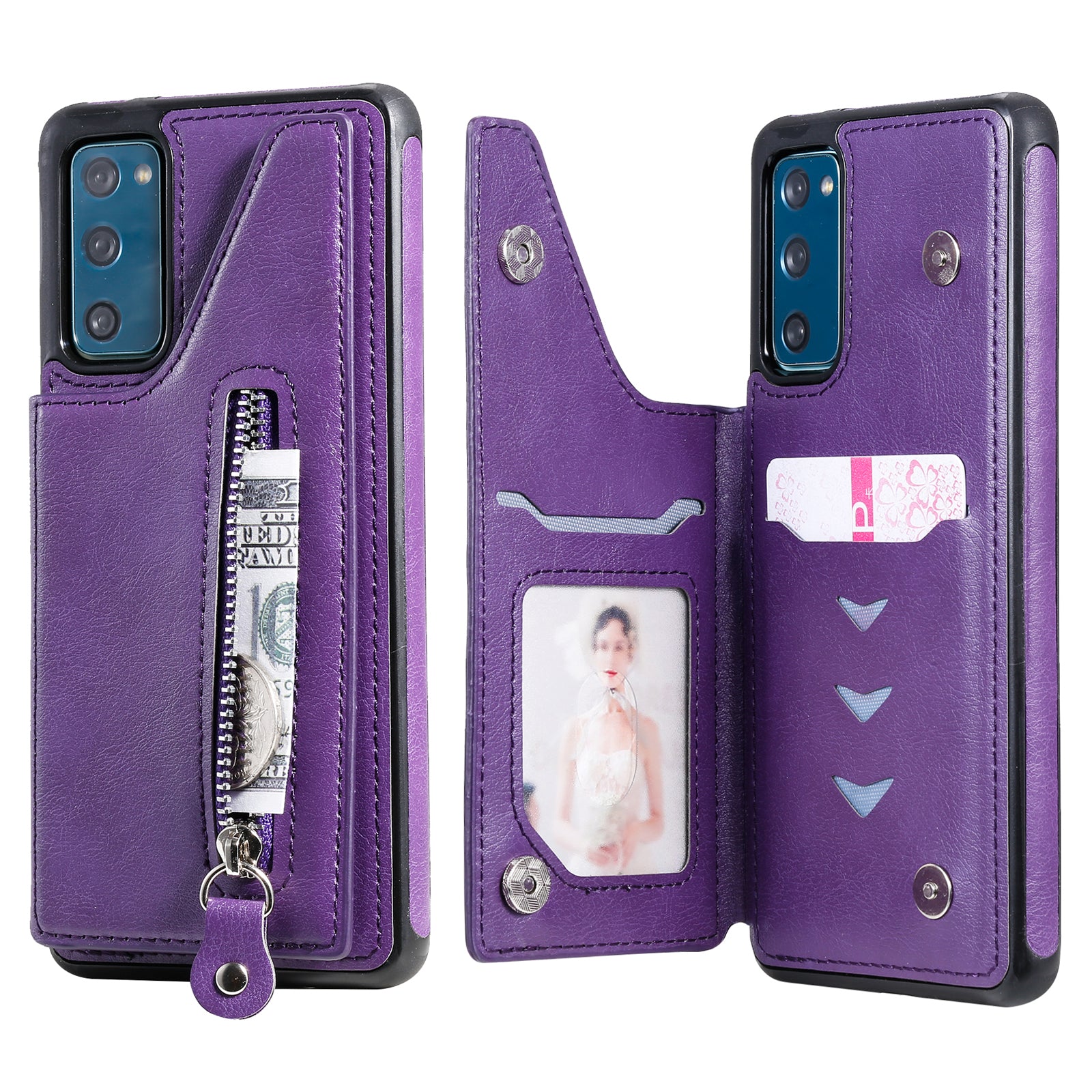 For Samsung Galaxy S20 FE 2022/S20 FE/S20 FE 5G/S20 Lite KT Leather Coated Series-2 Zipper Pocket Design PU Leather Coated Kickstand Phone Case - Purple