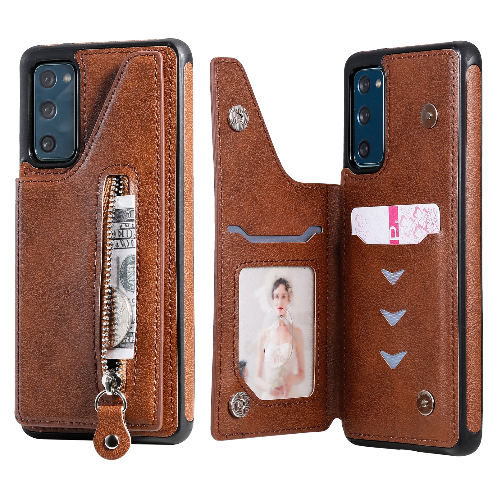 For Samsung Galaxy S20 FE 2022/S20 FE/S20 FE 5G/S20 Lite KT Leather Coated Series-2 Zipper Pocket Design PU Leather Coated Kickstand Phone Case - Brown