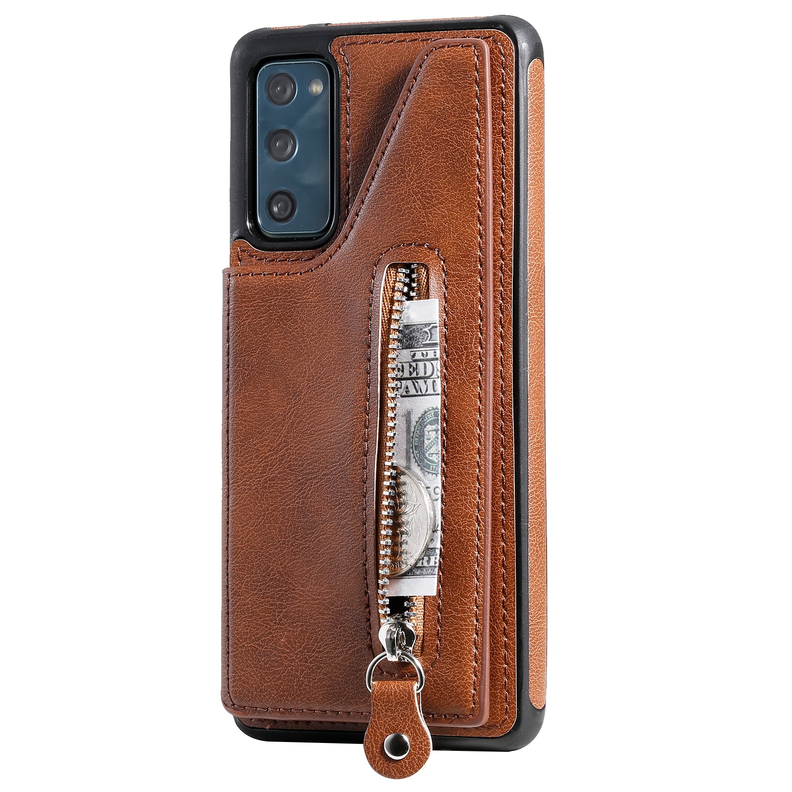 For Samsung Galaxy S20 FE 2022/S20 FE/S20 FE 5G/S20 Lite KT Leather Coated Series-2 Zipper Pocket Design PU Leather Coated Kickstand Phone Case - Brown