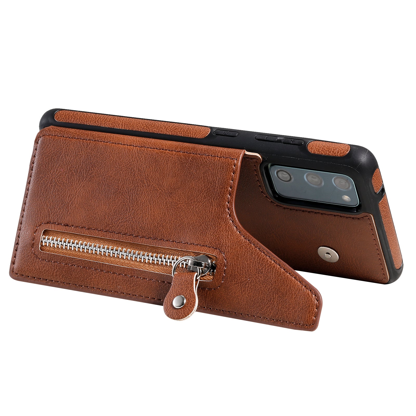 For Samsung Galaxy S20 FE 2022/S20 FE/S20 FE 5G/S20 Lite KT Leather Coated Series-2 Zipper Pocket Design PU Leather Coated Kickstand Phone Case - Brown