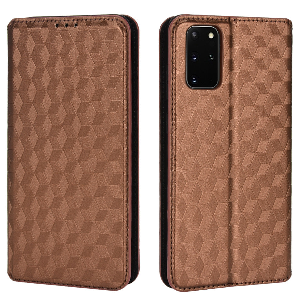 For Samsung Galaxy S20 Plus 4G/5G Imprinting Rhombus Wallet Stand Leather Phone Case Strong Magnet Auto Closing Protective Cover - Brown