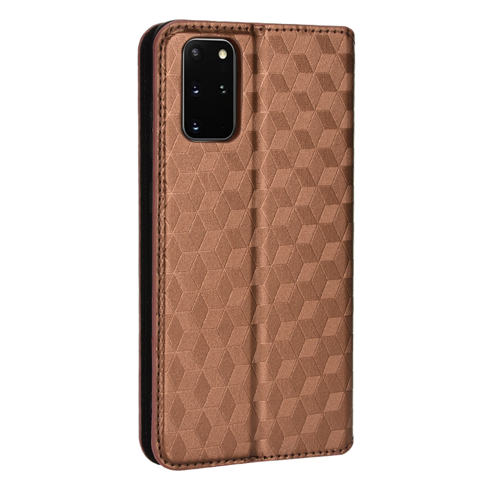 For Samsung Galaxy S20 Plus 4G/5G Imprinting Rhombus Wallet Stand Leather Phone Case Strong Magnet Auto Closing Protective Cover - Brown