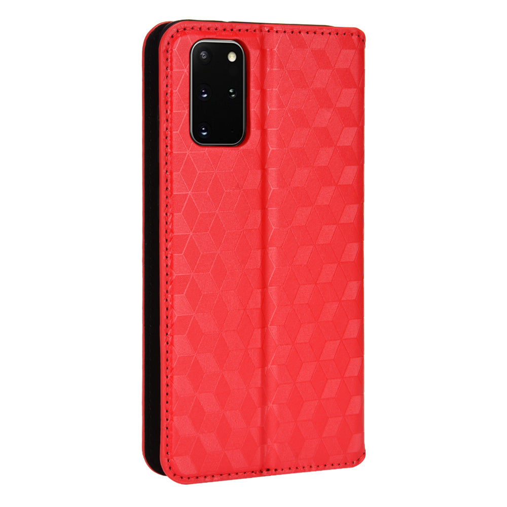 For Samsung Galaxy S20 Plus 4G/5G Imprinting Rhombus Wallet Stand Leather Phone Case Strong Magnet Auto Closing Protective Cover - Red