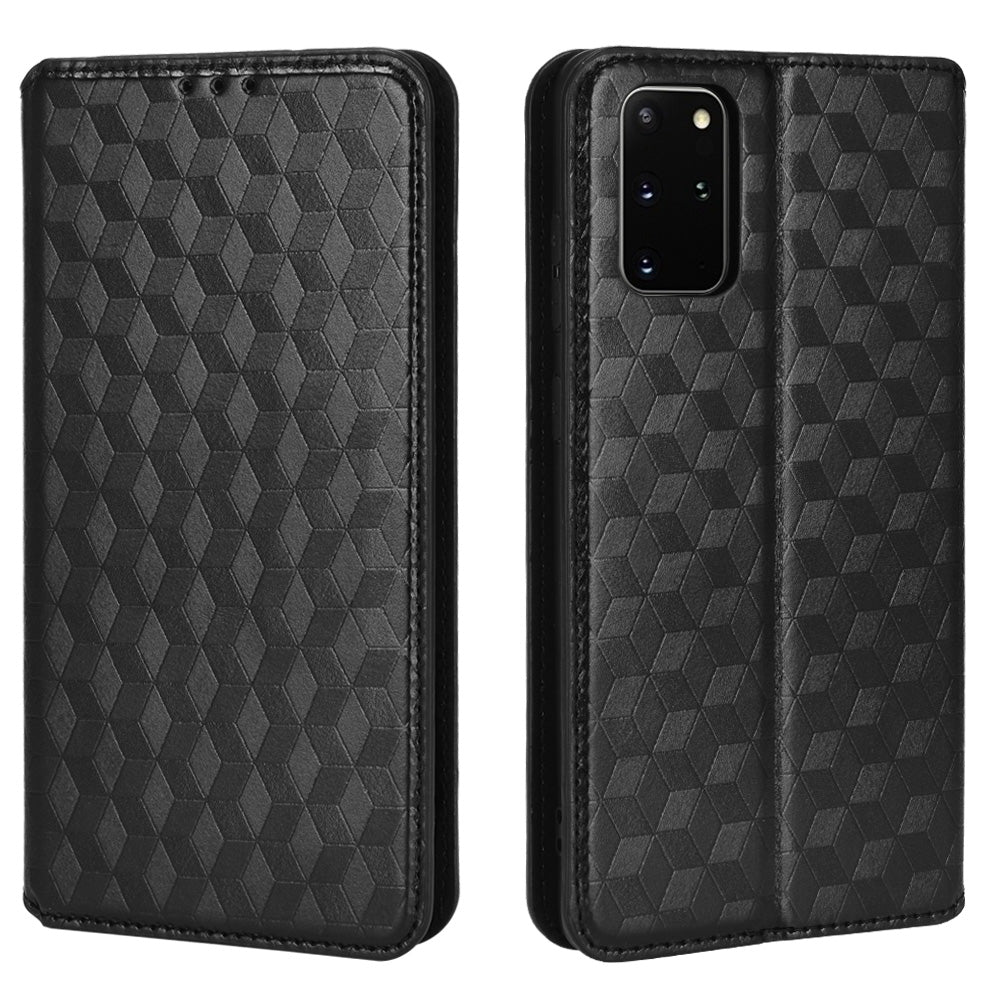 For Samsung Galaxy S20 Plus 4G/5G Imprinting Rhombus Wallet Stand Leather Phone Case Strong Magnet Auto Closing Protective Cover - Black