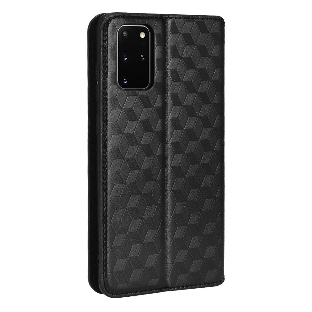 For Samsung Galaxy S20 Plus 4G/5G Imprinting Rhombus Wallet Stand Leather Phone Case Strong Magnet Auto Closing Protective Cover - Black