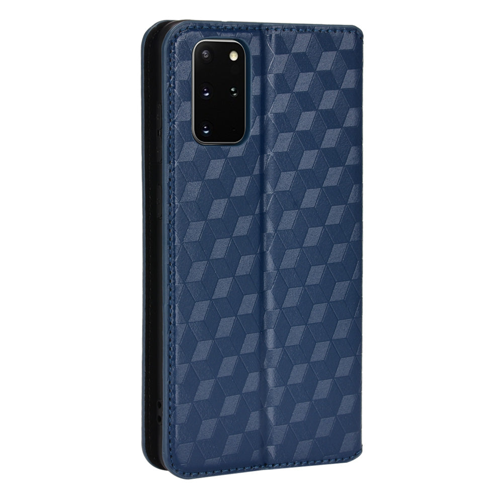 For Samsung Galaxy S20 Plus 4G/5G Imprinting Rhombus Wallet Stand Leather Phone Case Strong Magnet Auto Closing Protective Cover - Blue