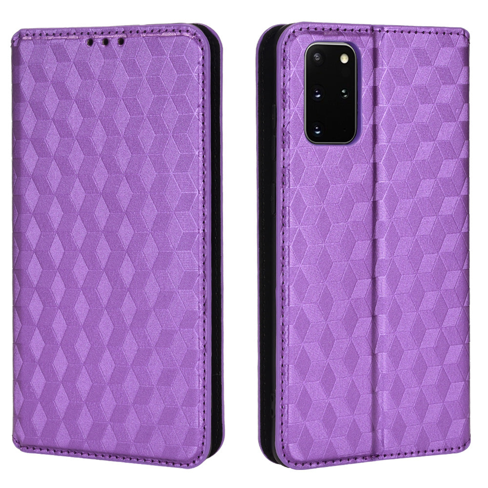 For Samsung Galaxy S20 Plus 4G/5G Imprinting Rhombus Wallet Stand Leather Phone Case Strong Magnet Auto Closing Protective Cover - Purple