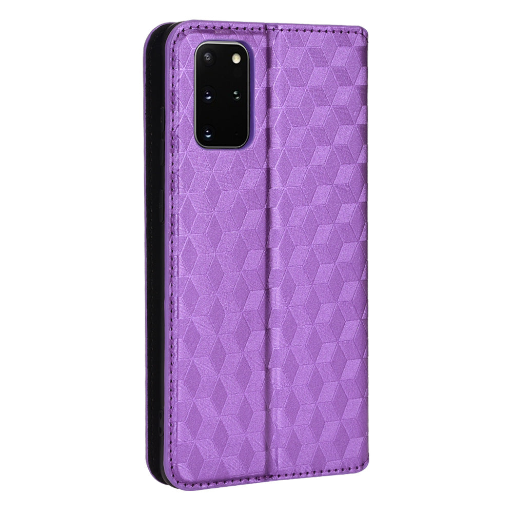 For Samsung Galaxy S20 Plus 4G/5G Imprinting Rhombus Wallet Stand Leather Phone Case Strong Magnet Auto Closing Protective Cover - Purple