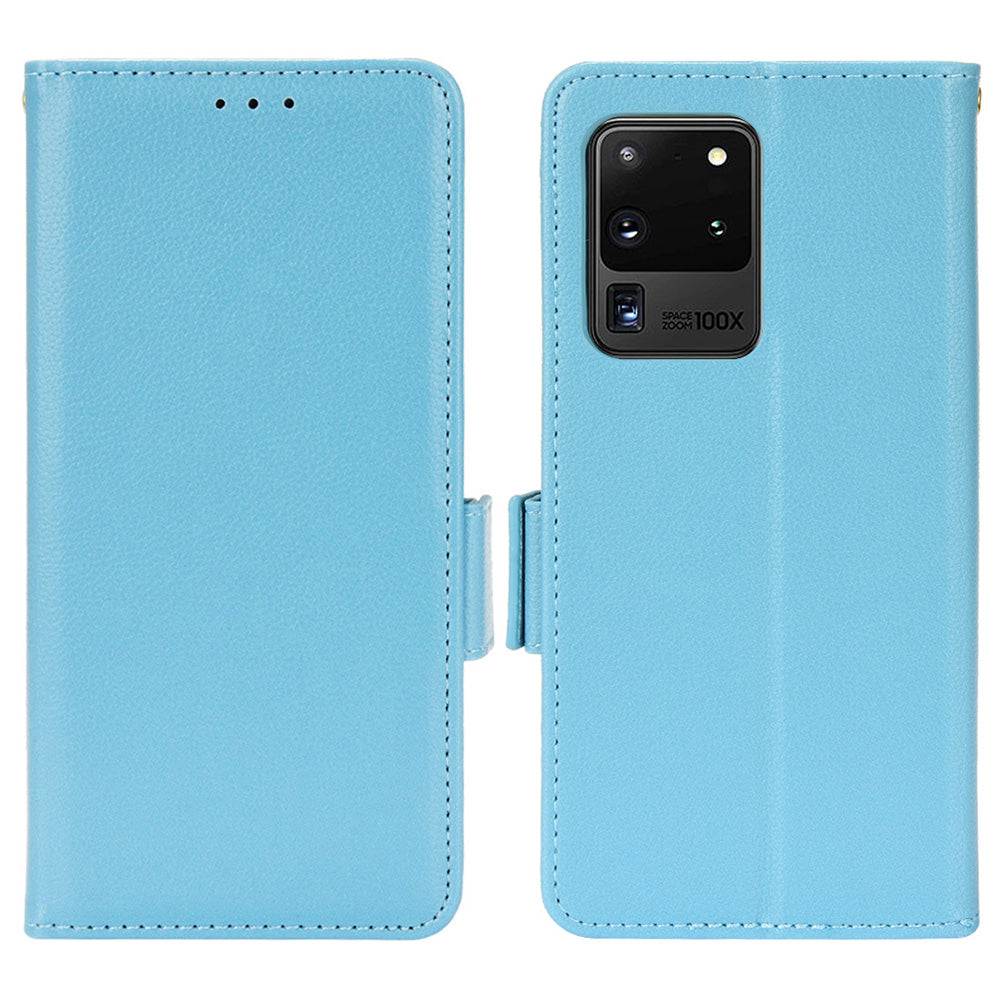 Wallet Stand Phone Leather Cover for Samsung Galaxy S20 Ultra, Litchi Texture Side Magnetic Clasp Case - Baby Blue