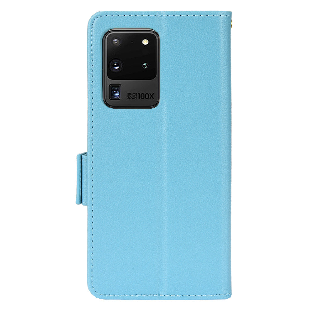 Wallet Stand Phone Leather Cover for Samsung Galaxy S20 Ultra, Litchi Texture Side Magnetic Clasp Case - Baby Blue