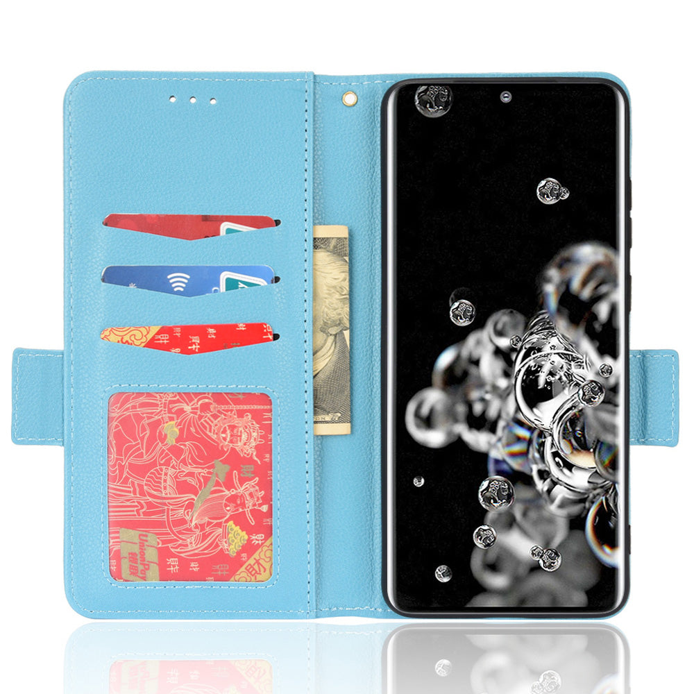 Wallet Stand Phone Leather Cover for Samsung Galaxy S20 Ultra, Litchi Texture Side Magnetic Clasp Case - Baby Blue