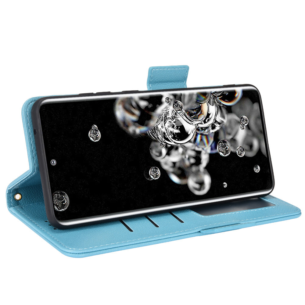 Wallet Stand Phone Leather Cover for Samsung Galaxy S20 Ultra, Litchi Texture Side Magnetic Clasp Case - Baby Blue