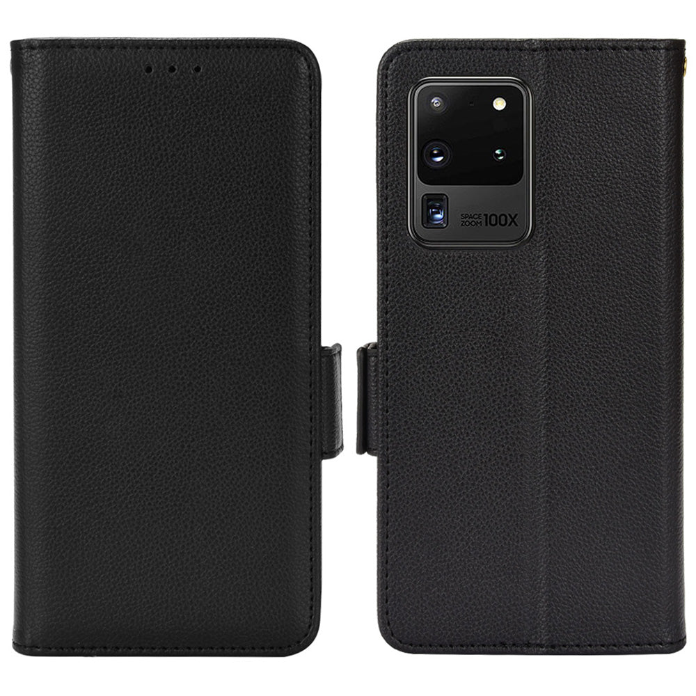 Wallet Stand Phone Leather Cover for Samsung Galaxy S20 Ultra, Litchi Texture Side Magnetic Clasp Case - Black