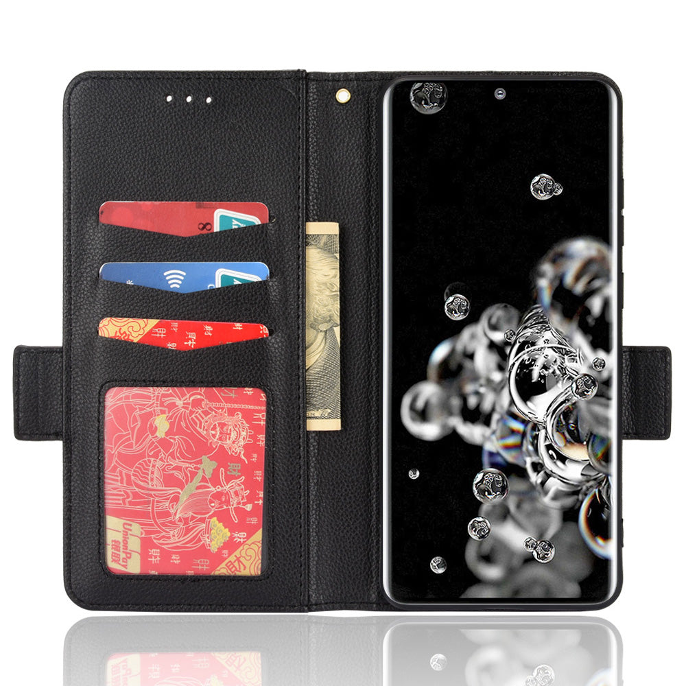 Wallet Stand Phone Leather Cover for Samsung Galaxy S20 Ultra, Litchi Texture Side Magnetic Clasp Case - Black