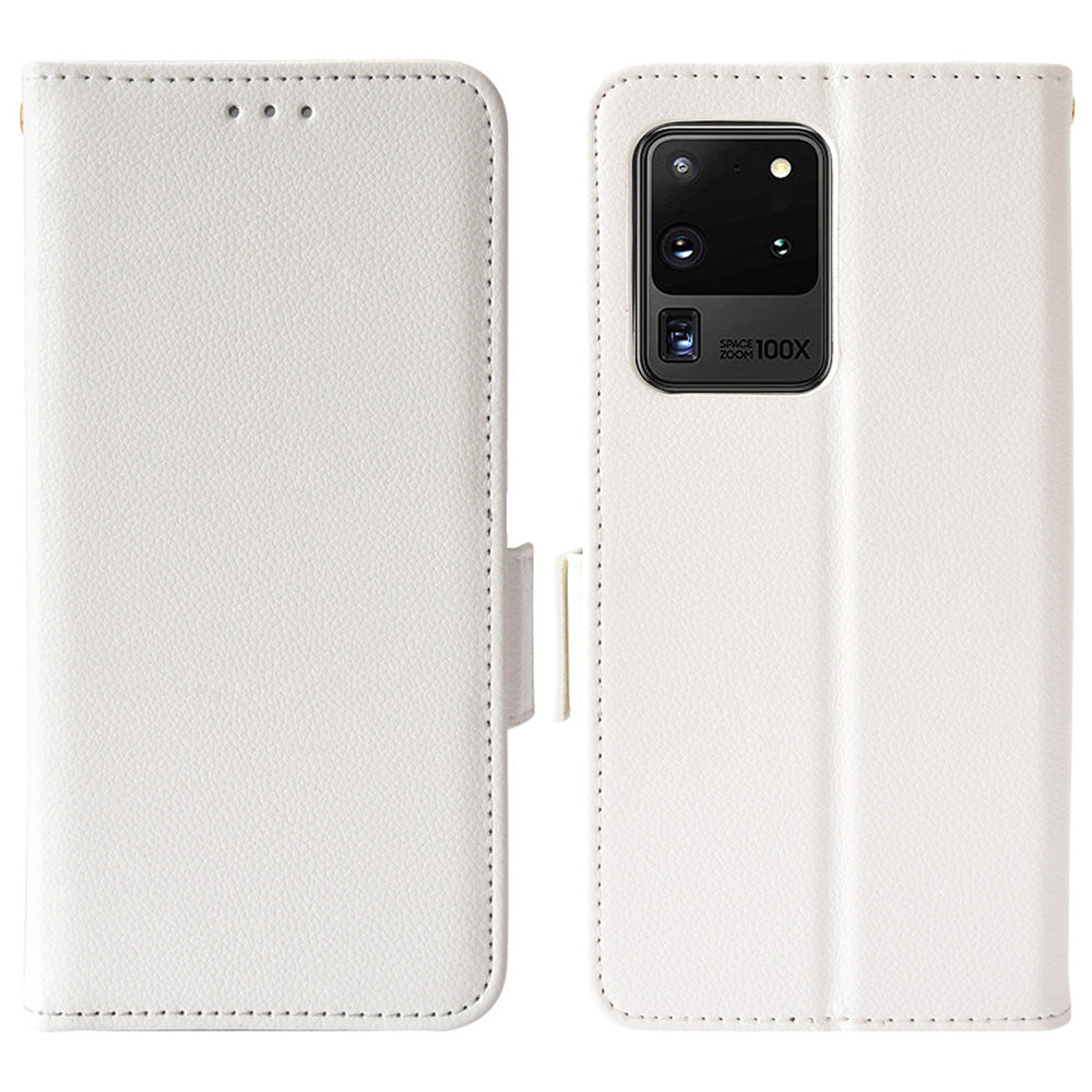 Wallet Stand Phone Leather Cover for Samsung Galaxy S20 Ultra, Litchi Texture Side Magnetic Clasp Case - White