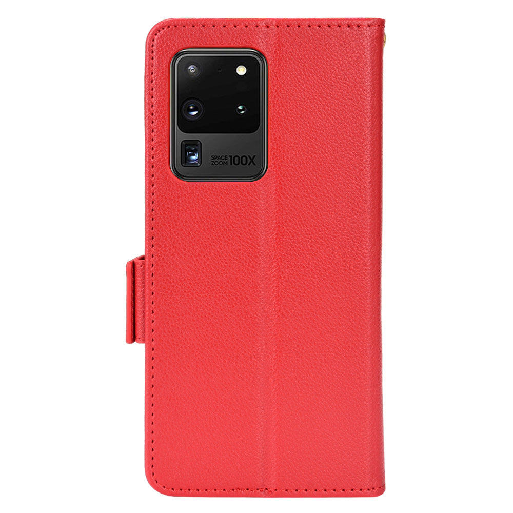 Wallet Stand Phone Leather Cover for Samsung Galaxy S20 Ultra, Litchi Texture Side Magnetic Clasp Case - Red